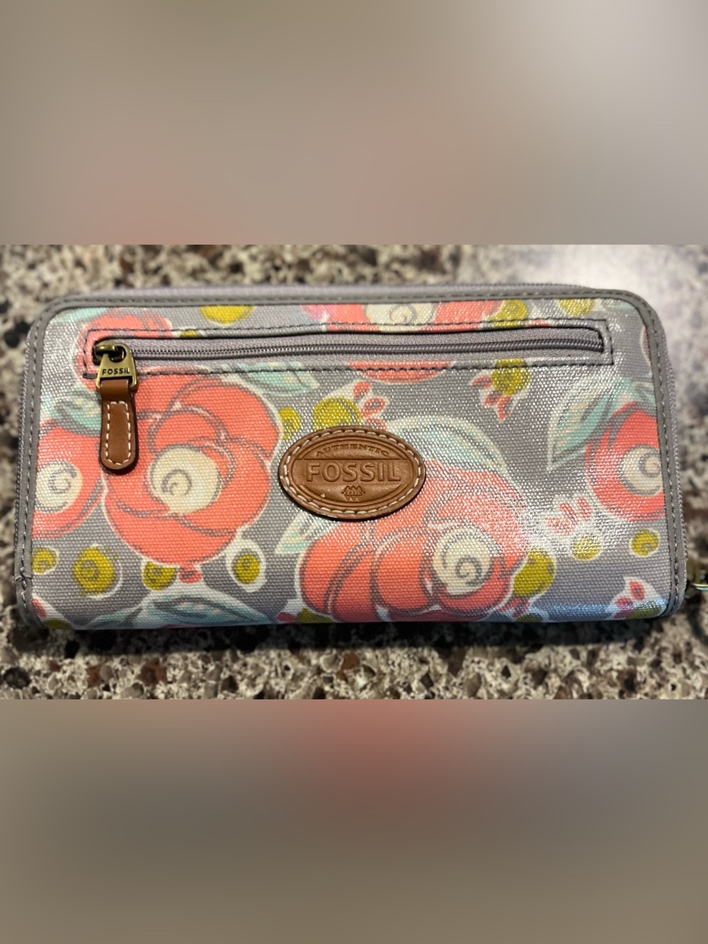 Fossil Floral wallet in Gray, Coral & Yellow